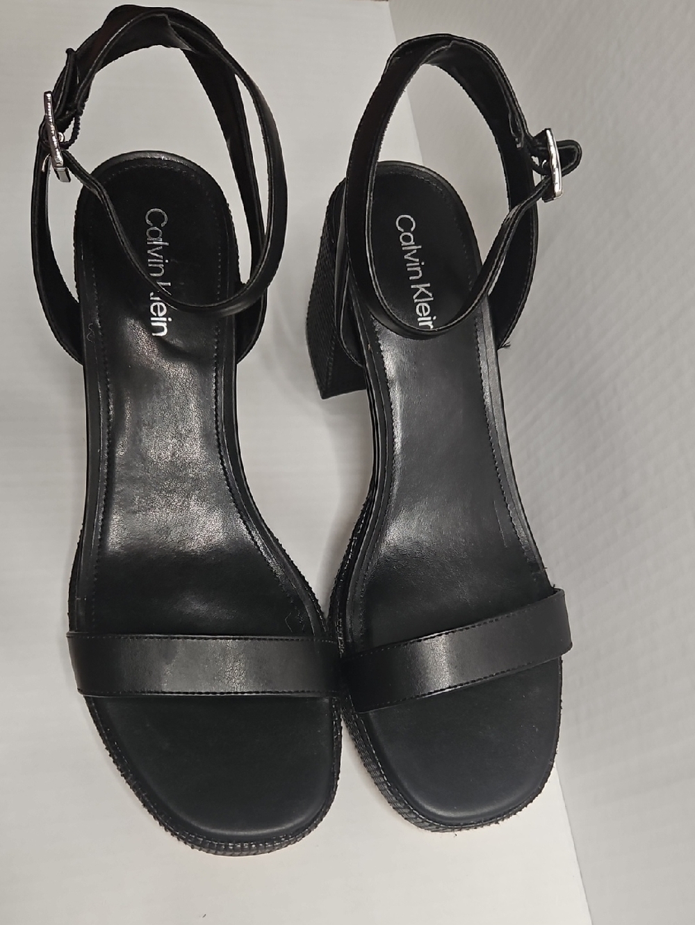 Calvin Klein Black Leather Ankle-Strap Block Heels